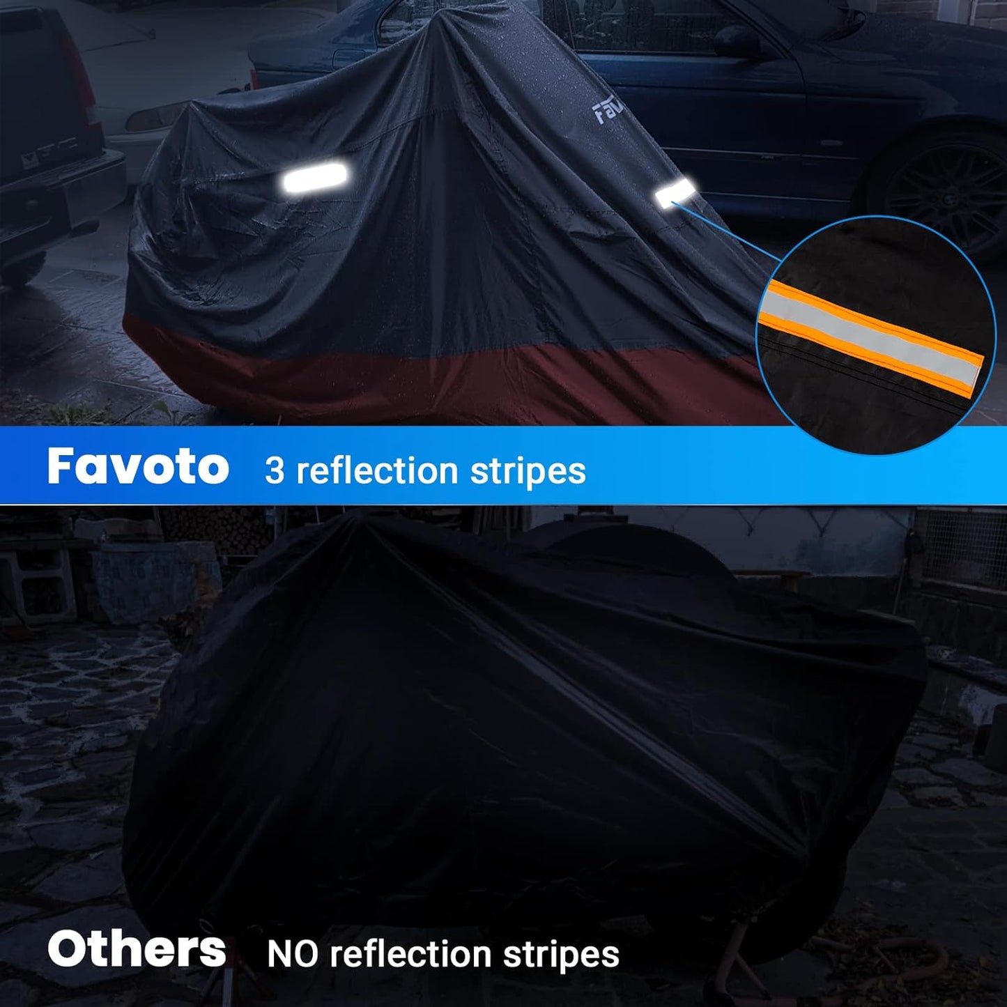 Favoto Motorcycle Cover All Season - Universal Weather Quality Waterproof Sun Rain Outdoor Protection Night Reflective with Lock-Holes & Storage Bag Fits up to 86.6" Motorcycles Vehicle Cover