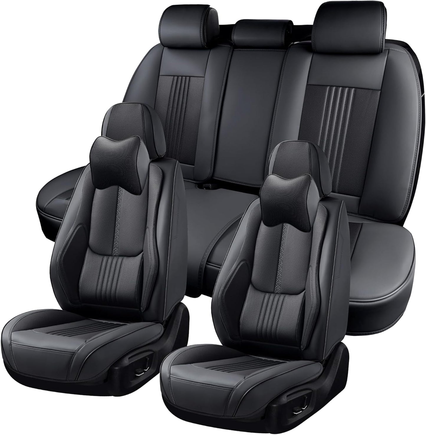 Car Seat Covers Full Set, Front and Rear Seat Covers for Cars, Waterproof Leather Auto Seat Protectors with Head Pillow, Car Seat Cushions Fit for Most Sedans SUV Pick-up Truck, Black
