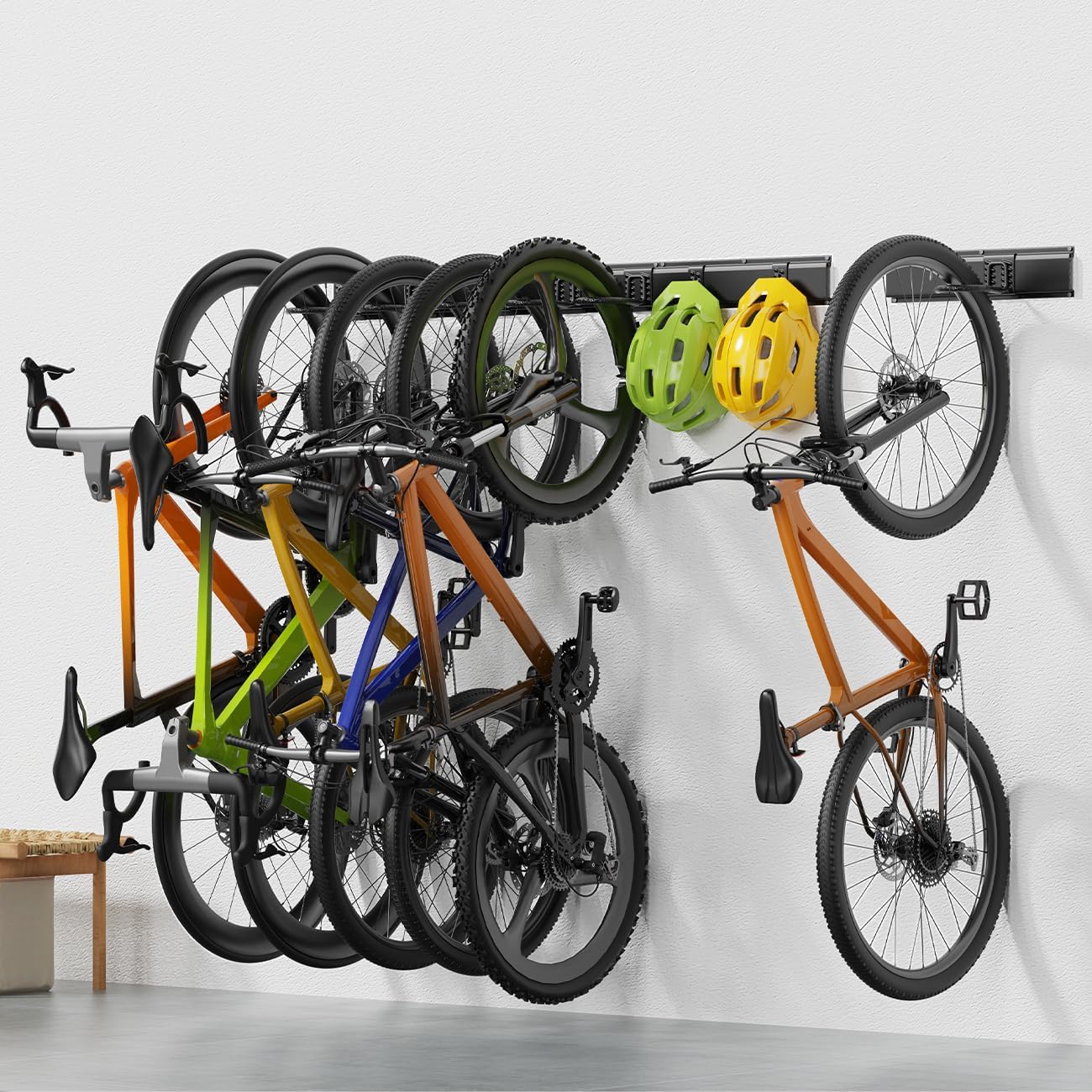 Bike Storage Rack 48Inch for 6 Bikes + 5 Helmets, Up to 500lbs, Heavy Duty Bike Hangers for Garage, Bike Hooks for Garage, Solid Steel Bicycle Storage, Bike Wall Mount, New Black