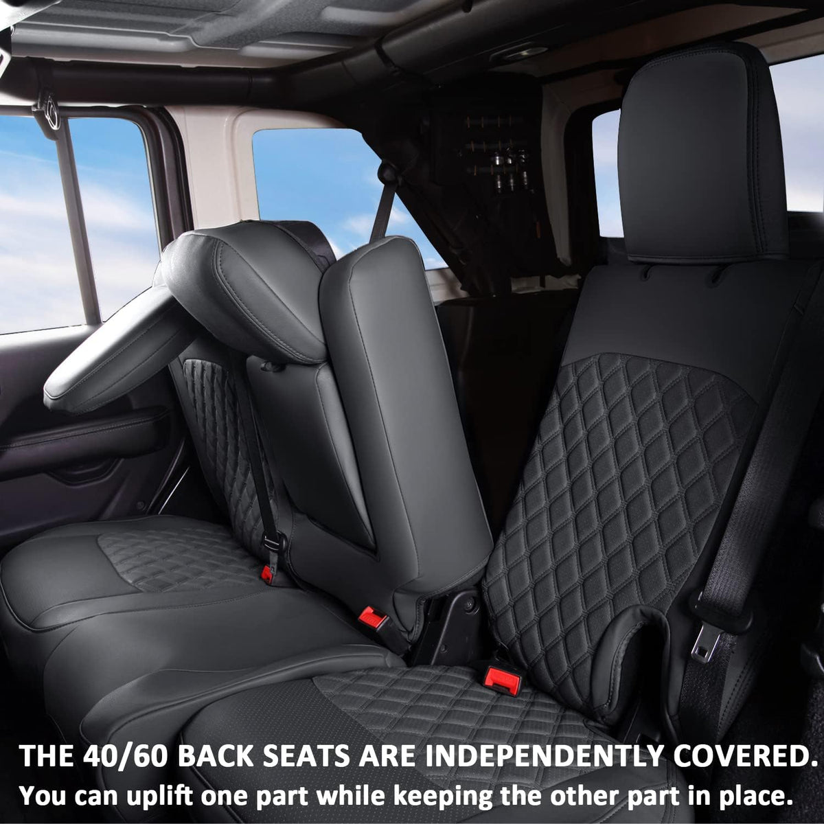 GIANT PANDA Customized Full Set Car Seat Covers for Jeep Wrangler 4 Door JL Sahara Altitude Rubicon 392 Unlimited 2018 2019 2020 2021 2022 2023 2024 2025 with Rear Cup Holder,Faux Leather - (Black)