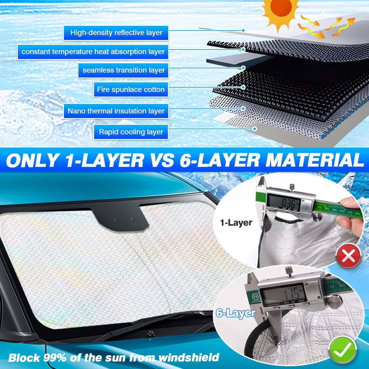 Windshield Sun Shade for 2025 2026 Toyota Camry Accessories Thicken 6-Layer Front Window Sunshade Cover Sun Visor Protector Foldable Block UV Rays Keep Vehicle Cool