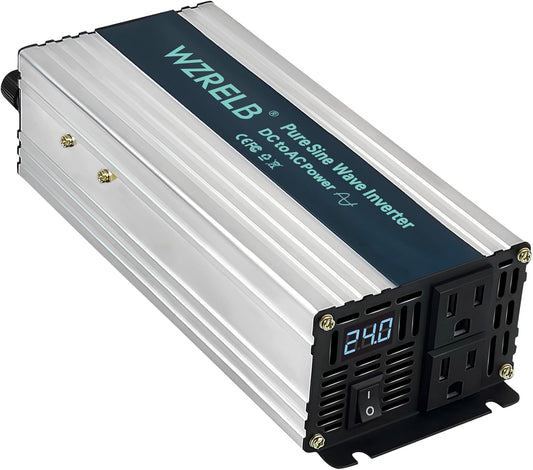 WZRELB 800W Pure Sine Wave Inverter 24V DC to 110V 120V AC Power Converter with LED Display, Off-Grid Portable Power Inverter with 2 AC Outlets for Home, RV, Truck, Camping
