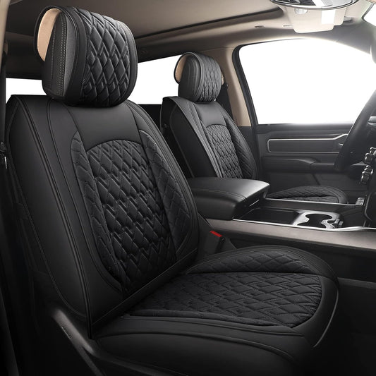 JOJOBAY Car Seat Covers for Dodge Ram 2 Pcs Front,Fit Ram 2009-2025 1500/2500/3500 Pick-up Truck,Crew,Regular,Quad,Mega Cab,Waterproof Leather Automotive Seat Covers 2 PCS Front,Black