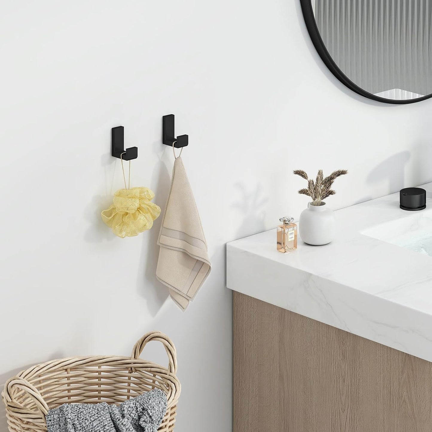 Angle Simple Bathroom Towel Hooks, SUS 304 Stainless Steel Robe Coat Holder Hanger Wall Mounted, Matte Black, 4 Pack