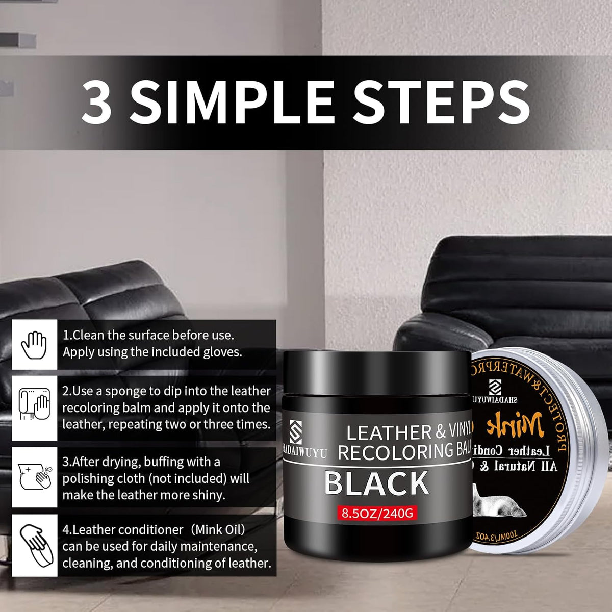 8.5oz Leather Recoloring Balm with 100ml Mink Oil,Black Leather Repair kit for Furniture and Car Interior,Leather Couch Scratch Repair,Leather Dye Paint,Mink Oil for Leather