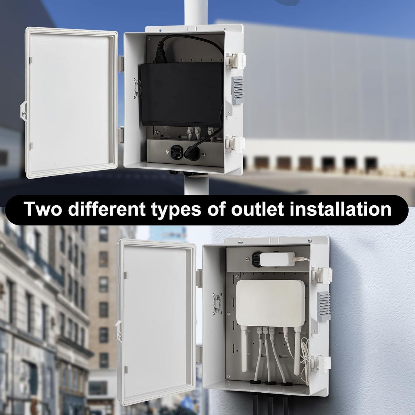 Outdoor Electrical Junction Box, ABS Water Resistant Enclosure with Internal Mounting Panel & Hinged Cover (13" H* 9.2" L* 4.6" W & Outlet)