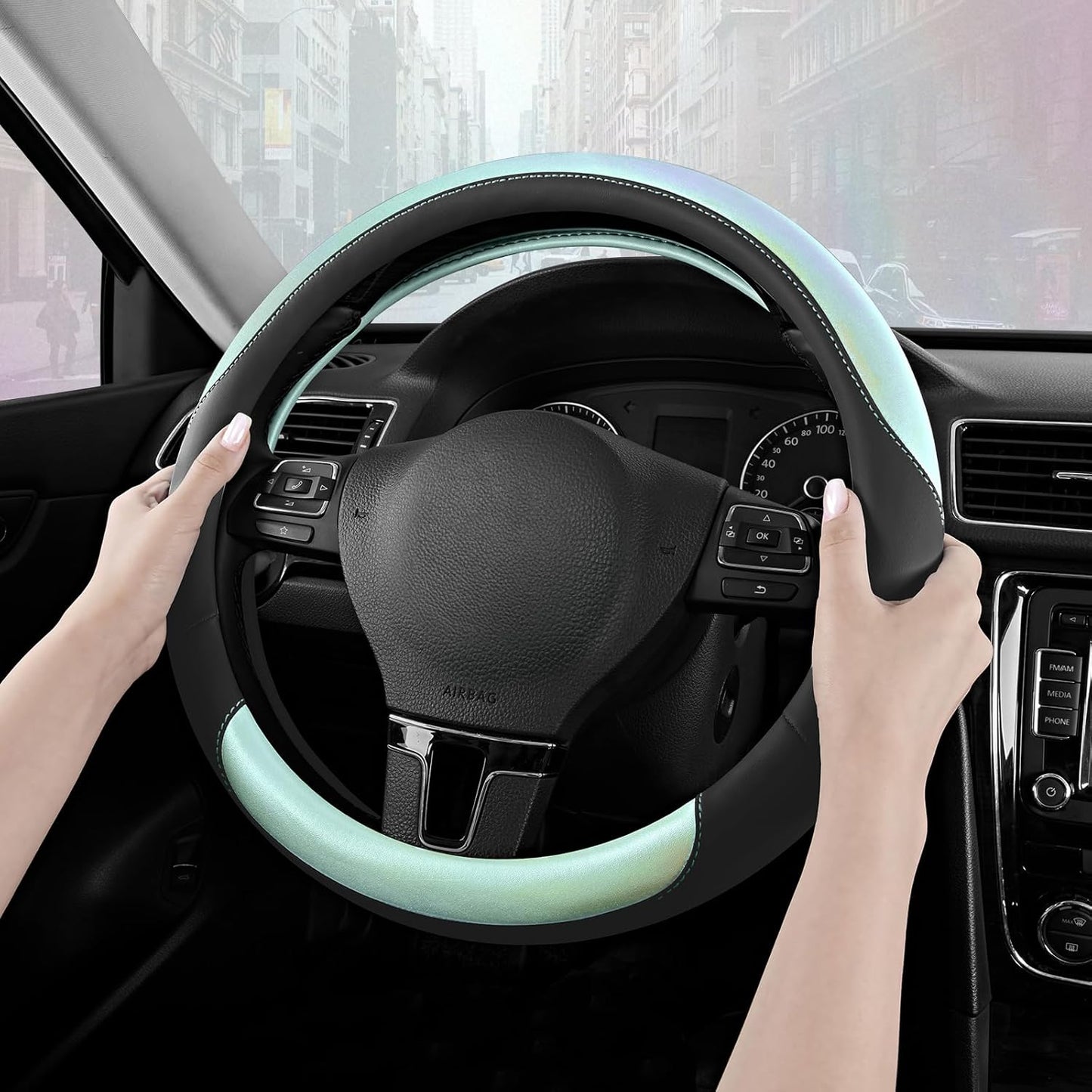 Road Comforts Steering Wheel Cover – Breathable Leather Steering Wheel Cover, Anti-Slip Grip, Universal Fit 14.5” to 15”, Heat & Cold Resistant for Cars, SUVs, and Trucks – Black & Light Blue