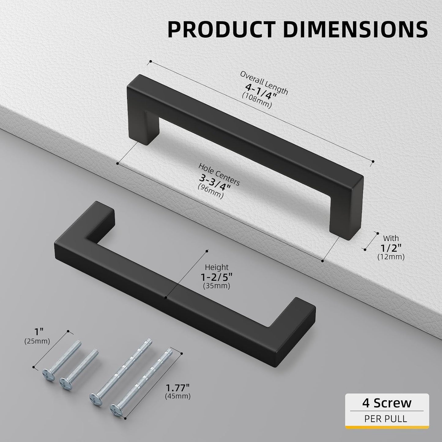 goldenwarm 150 Pack 3 3/4 Inch Black Cabinet Handles Matte Black Drawer Pulls Stainless Steel Cabinet Hardware Square Bar Modern Cabinet Handle for Kitchen Bathroom Cupboard