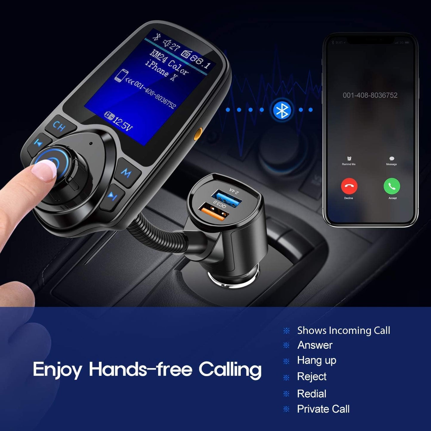 Nulaxy Bluetooth FM Transmitter for Car, 1.8" Color Screen Radio Adapter W QC3.0 & 5V/2.4A Charging, Handsfree Call, Support microSD Card, Aux Play, EQ Modes - KM18 [Upgraded Version] Black