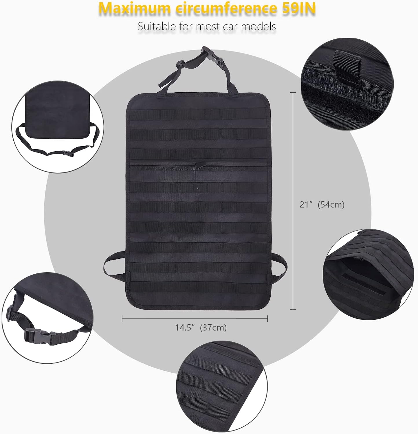 Universal Tactical Seat Back Organizer Vehicle Molle Panel Organizer Storage Bag with 5 Detachable Molle Pouch for All Vehicel Such as Jeep,Truck,SUV, Car, Ford,Chevy etc