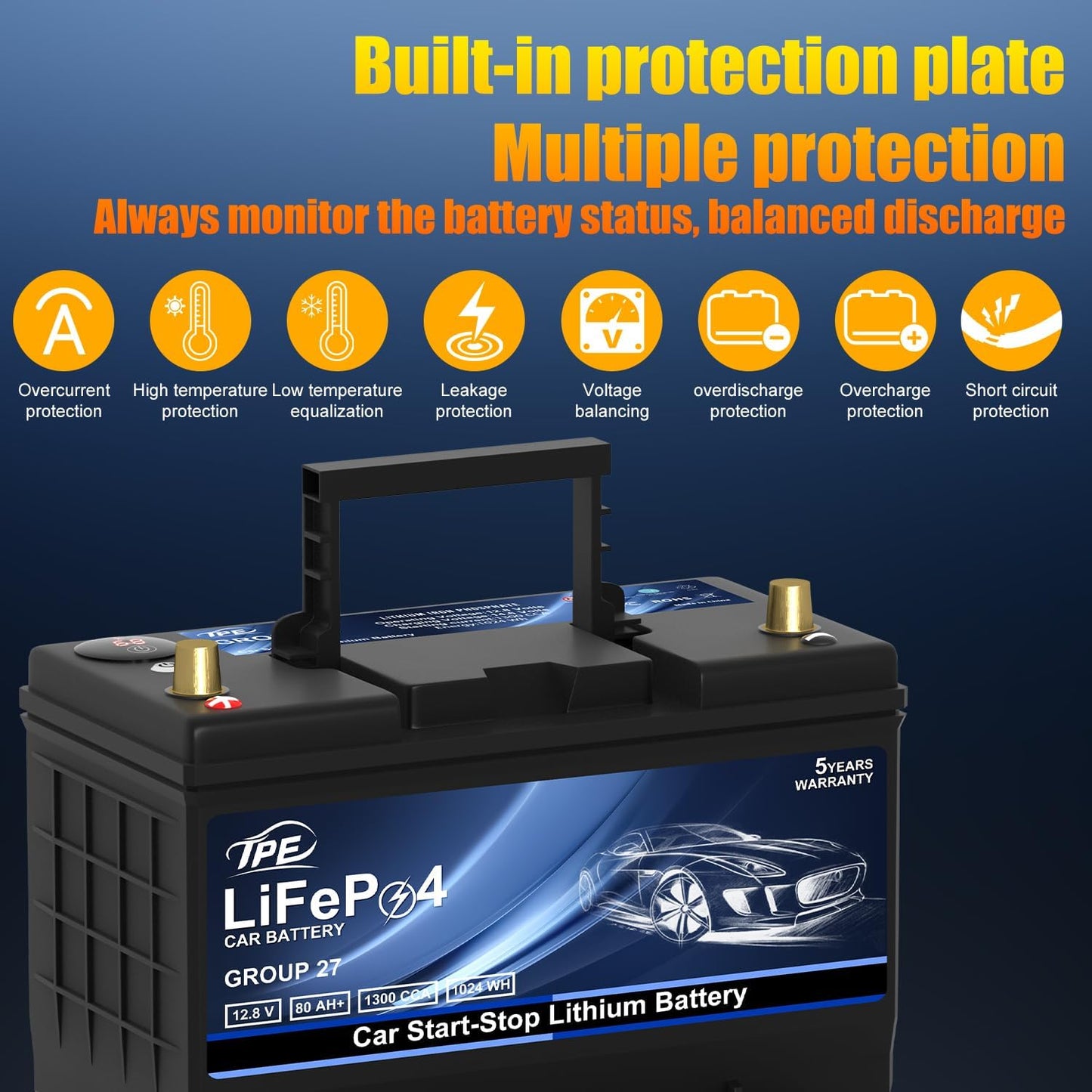 TPE Car Start-Stop Lithium Battery BCI GROUP 27 12V 80AH Car Battery with 1300CCA – High-Performance Automotive Battery with 60 Months Warranty