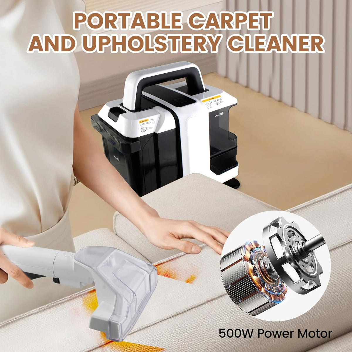 Portable Carpet Cleaner Machine with Dual Size Brushhead, Multi-Purpose and Upholstery Cleaner, Handheld and Small Deep Carpet Cleaning Machine, Spot Cleaner for Couch, Rugs, Car Seats and Pet Stains