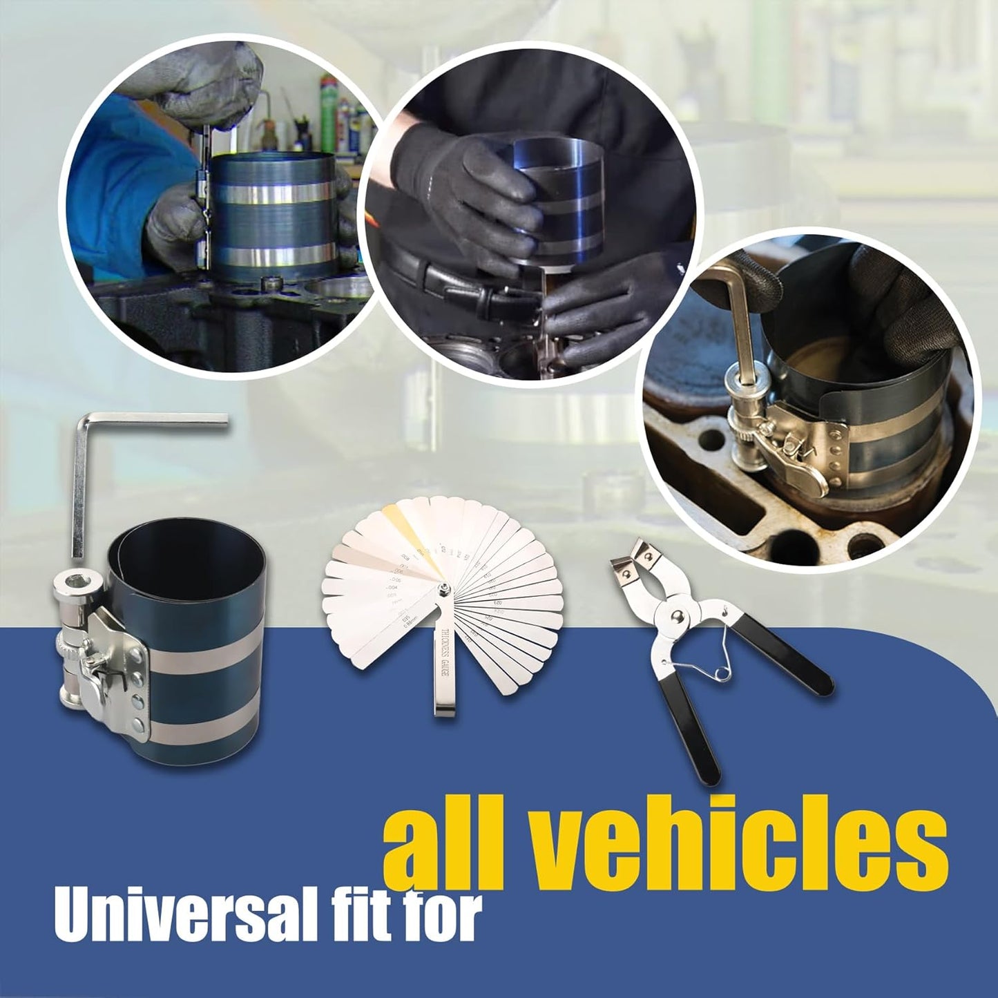 3 Inch Piston Ring Compressor Tool Car Engine Piston Ring Installer Removal Kit for Car Engine with Piston Installer Plier and Stainless Steel Feeler Gauge