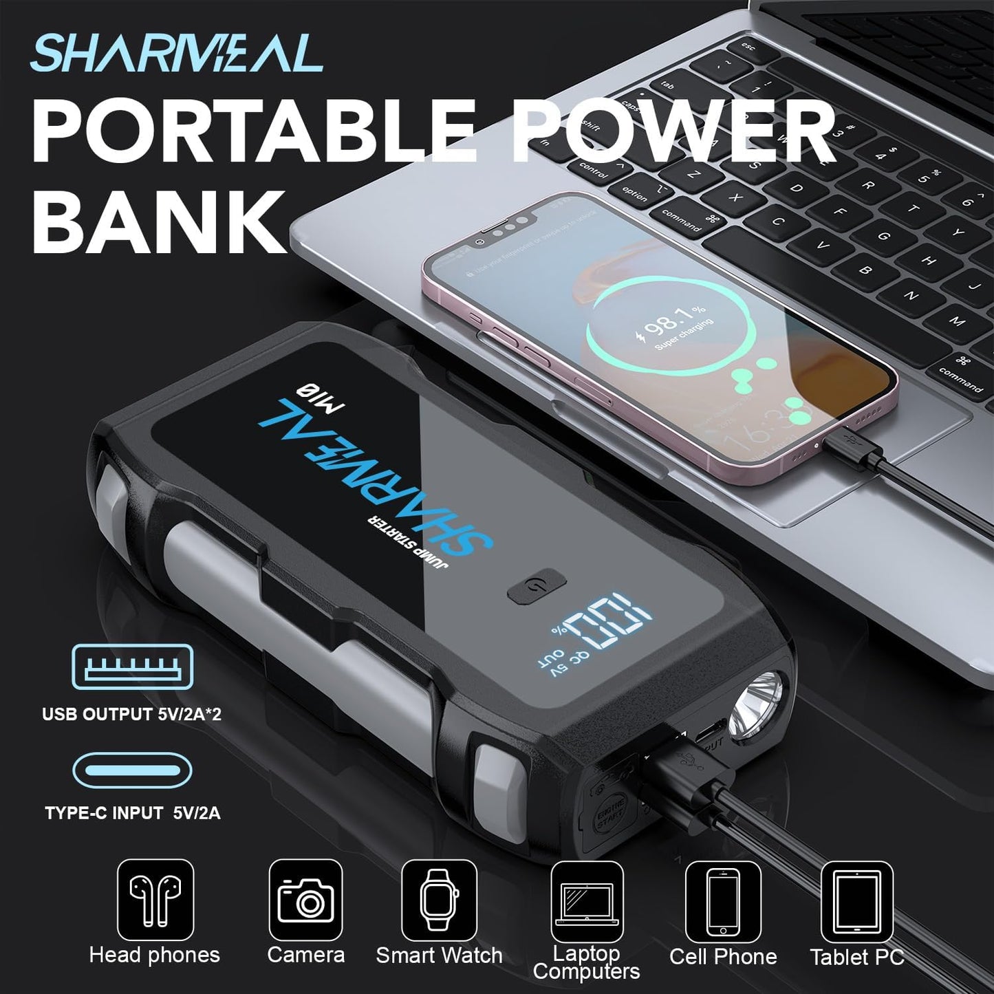 Jump Starter 5000A, 12V Car Battery Jump Starter with USB Quick Charge (Up to 10.0L Gas or 9.0L Diesel Engine), Battery Booster with 3 Modes Flashlight and Jumper Cable