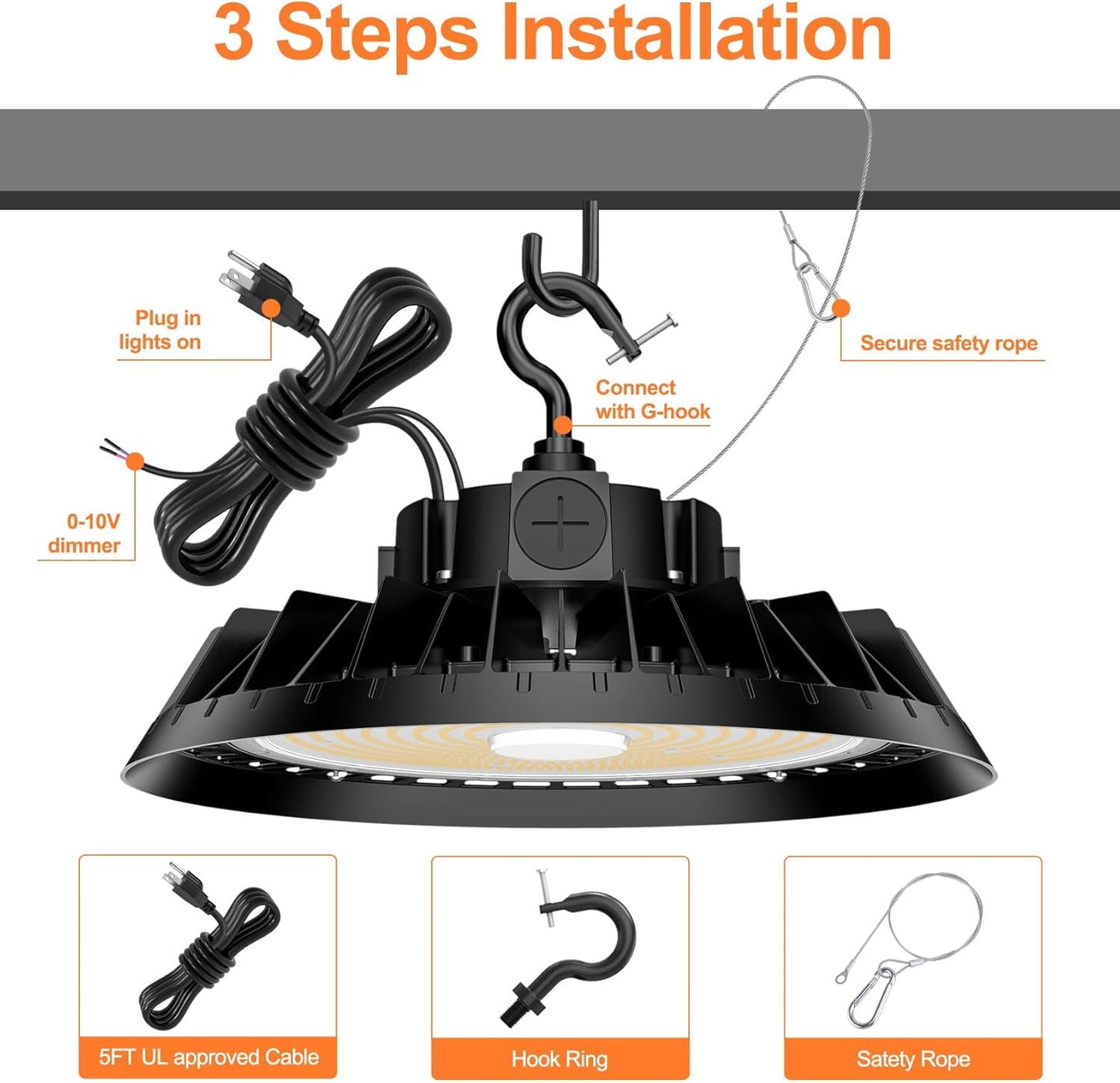 3Pack LED High Bay Lights, 200W UFO High Bay LED Shop Lights, 30000LM Adjustable CCT(5700K 5000K 4500K) & Power(200W 150W 100W), 0-10V Dimmable, 5' Cable Plug, IP65 Waterproof, ETL & DLC Listed