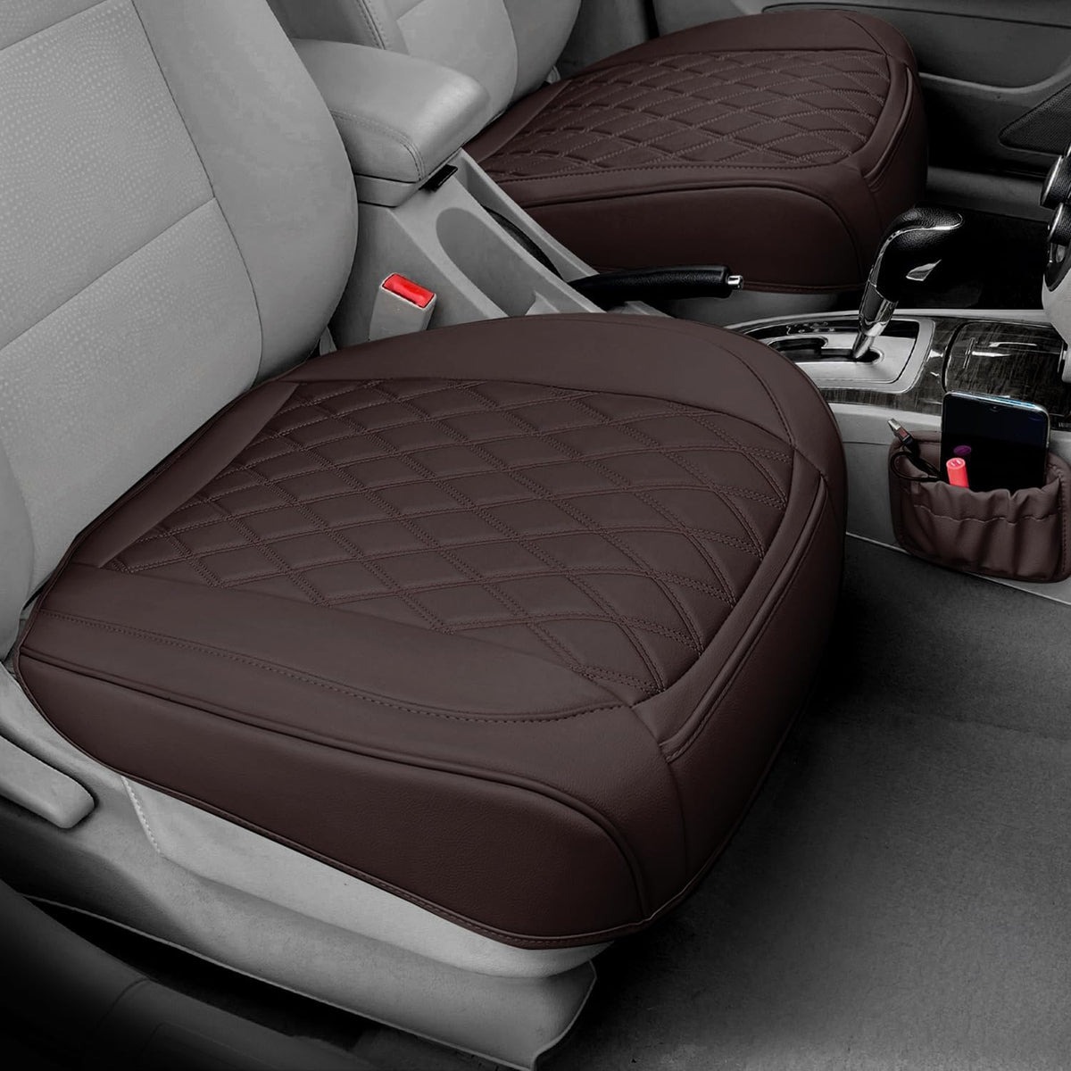 2 Pack Leather Front Car Seat Cover Bottom Car Seat, Anti-Slip and Full Wrap Driver Seat Protectors with Storage Pocket, Luxury Waterproof Bottom Auto Seat Cushion Pad Mat for Most Vehicles(Coffee)