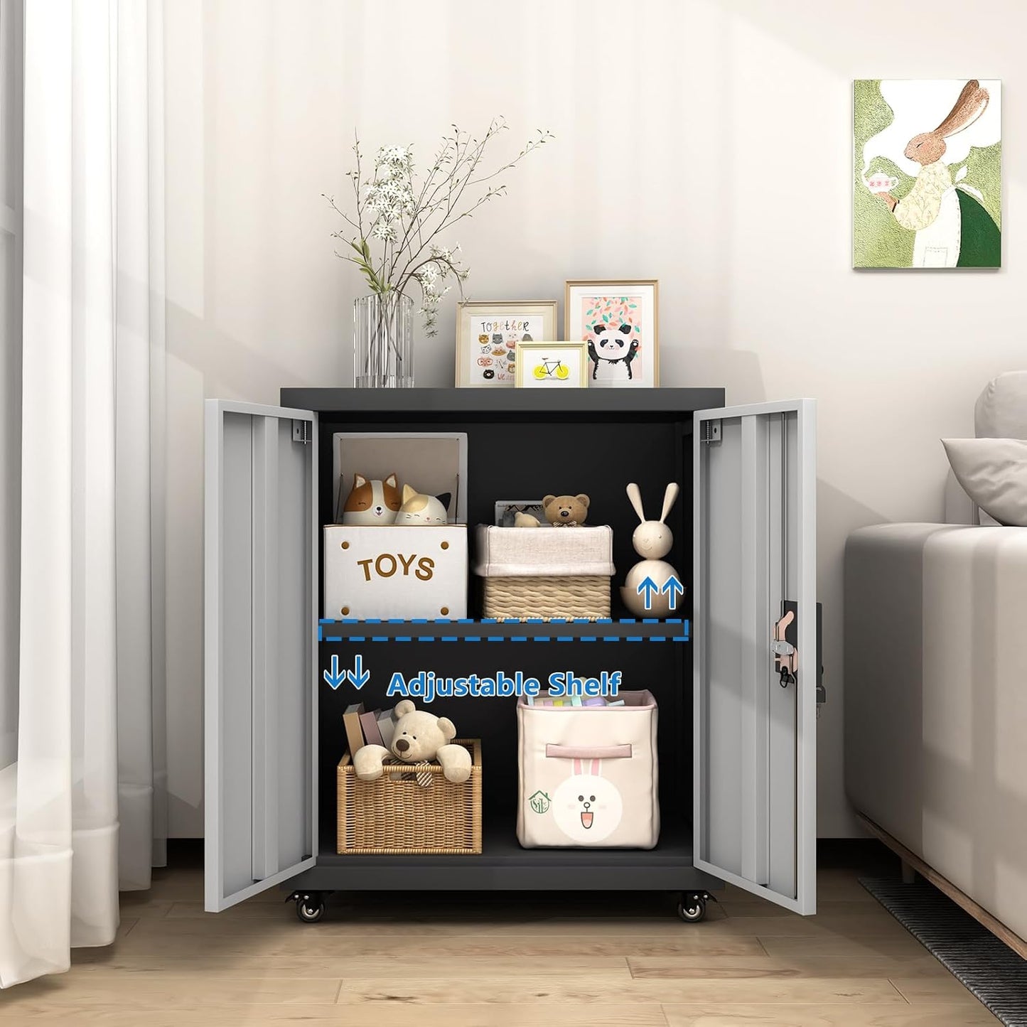 GREATMEET Garage Cabinets with Wheels,Small Storage Cabinet with Doors and Adjustable Shelves，Locking Metal Garage Storage Cabinets for Home Office Utility Room