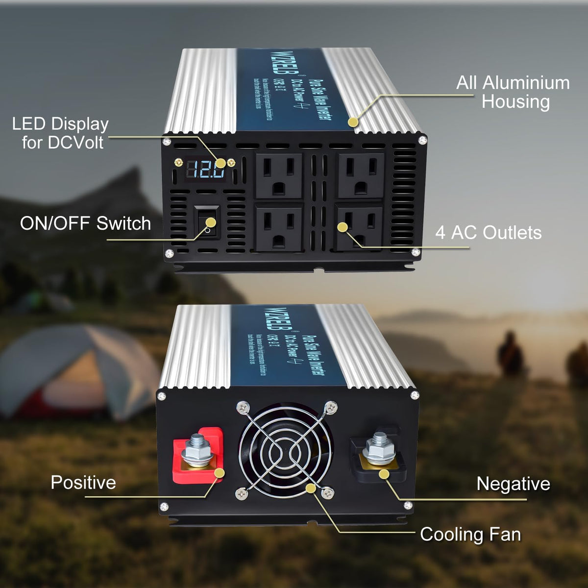 WZRELB 2000W Pure Sine Wave Inverter 12V DC to 110V 120V AC, Car Power Inverter with 4 AC Outlets, LED Display,Off-Grid Portable Power Converter for Home, RV, Truck, Camping