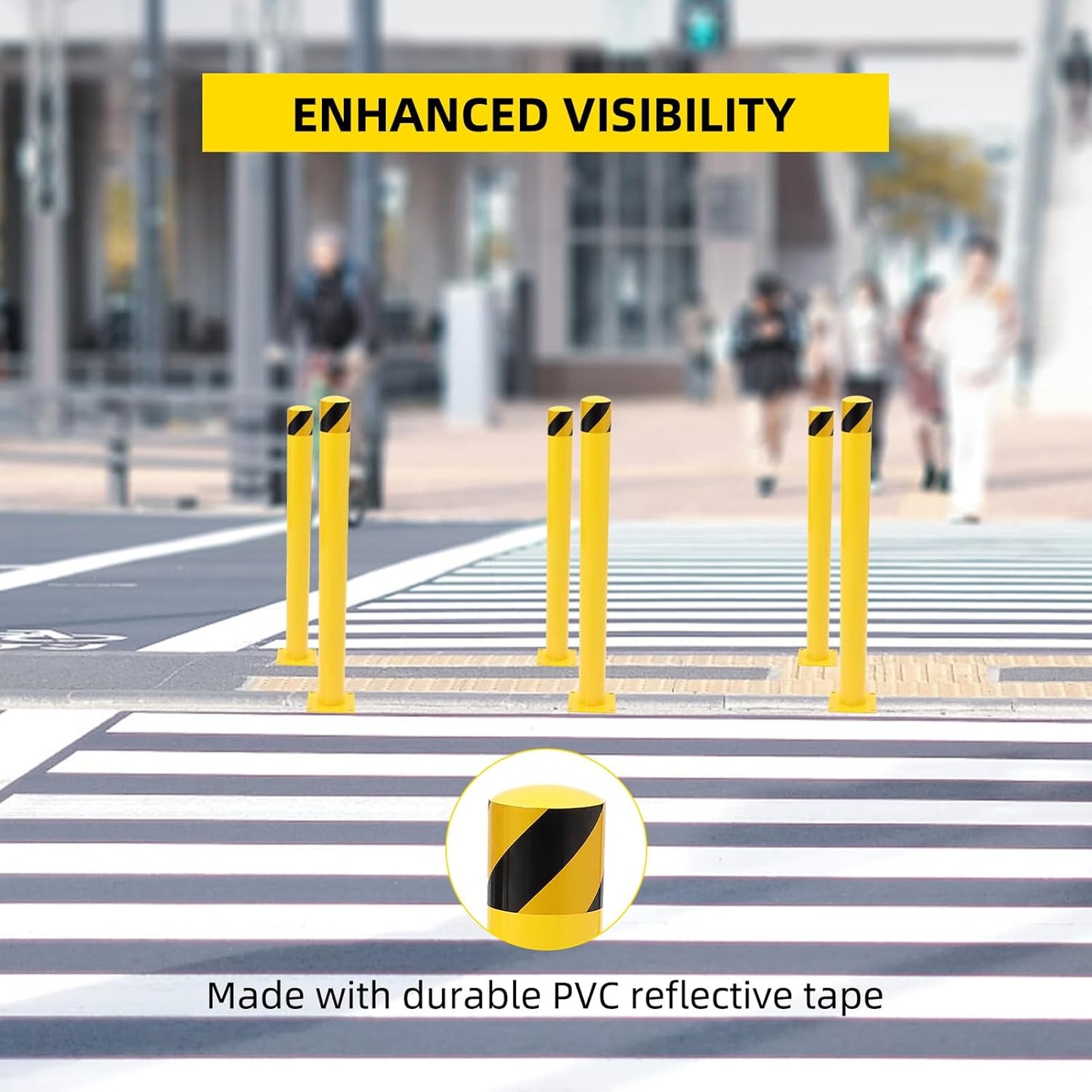 Safety Bollard 4 Packs, 42 Inch Height Steel Bollard Post for Parking Lot, 4.5 Inch Diameter Pipe, Yellow Safety Bollard Post with 16 Anchor Bolts, Ideal for Traffic-Sensitive Areas, Driveway Barrier