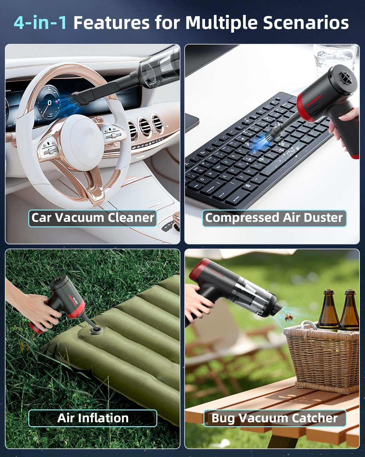 2-in-1 Car Vacuum&Air Duster,80W/16kpa/12KRPM/30 Mins,High Powerful Dust Cleaner Portable Cordless Vacuum Pro,Compressed Air Blower,Lightweight Rechargeable Handheld Mini Vacuum for Car/Home/Office