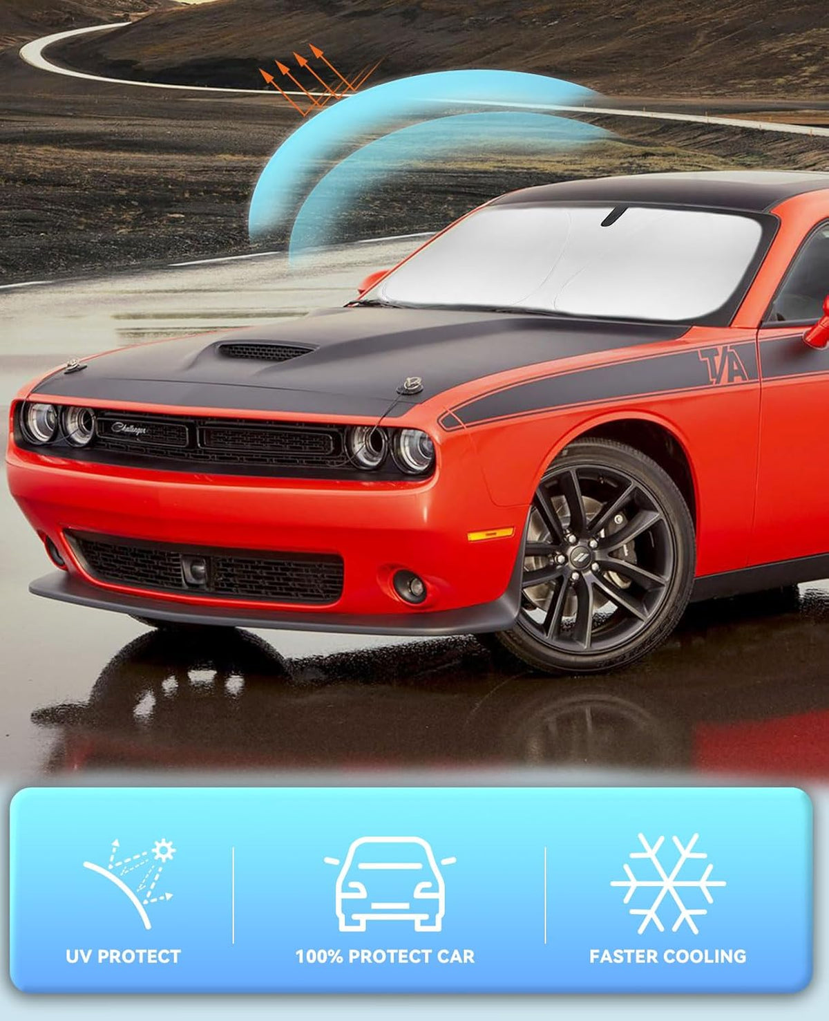 Sunshade for Challenger Windshield Sun Shade for 2015-2023 2024 2025 Dodge Challenger Coupe,RT SRT Hellcat SXT Redeye,GT SE TA Scat Pack 2Door Car Front Window Cover Sun Visor Shield Protector