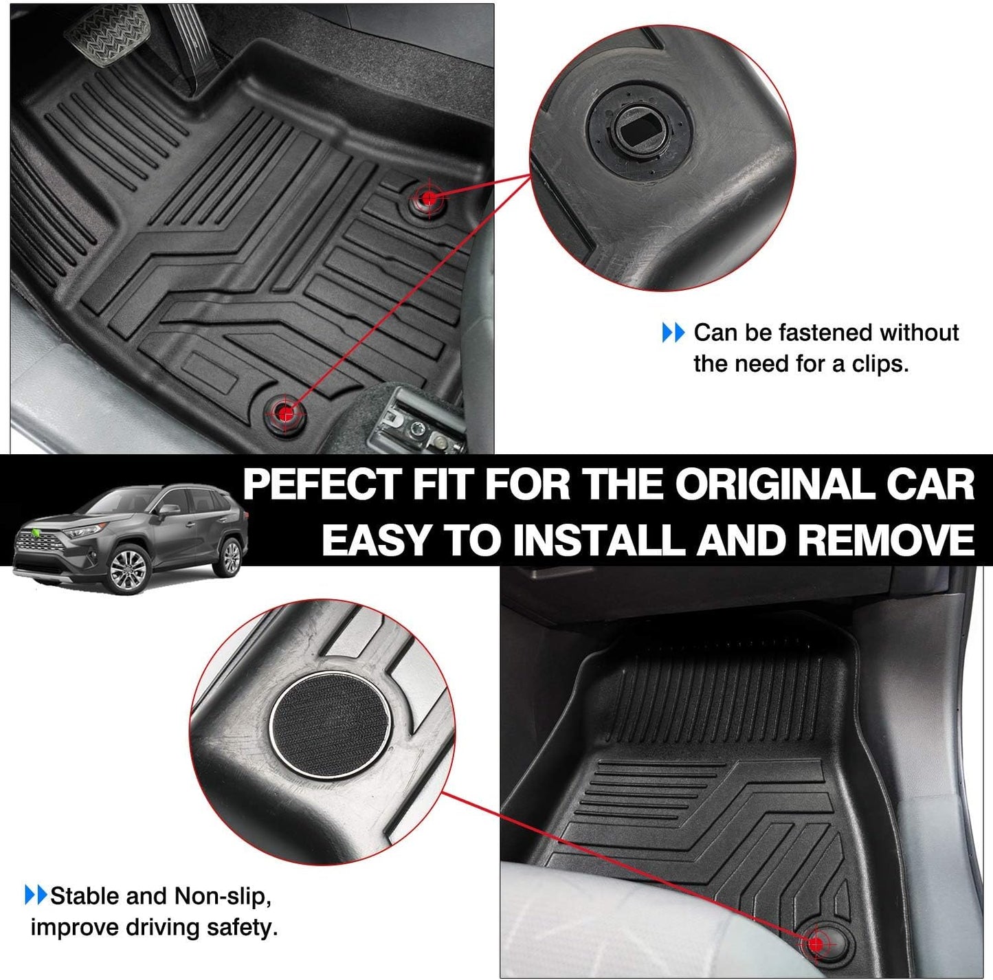 Powerty Floor Mats for 2019-2024 2025 Toyota RAV4 Accessories All Weather Floor Liner 3D TPO 1st & 2nd Row Floor Mat Heavy-Duty Floor Liners(FIT All Models)