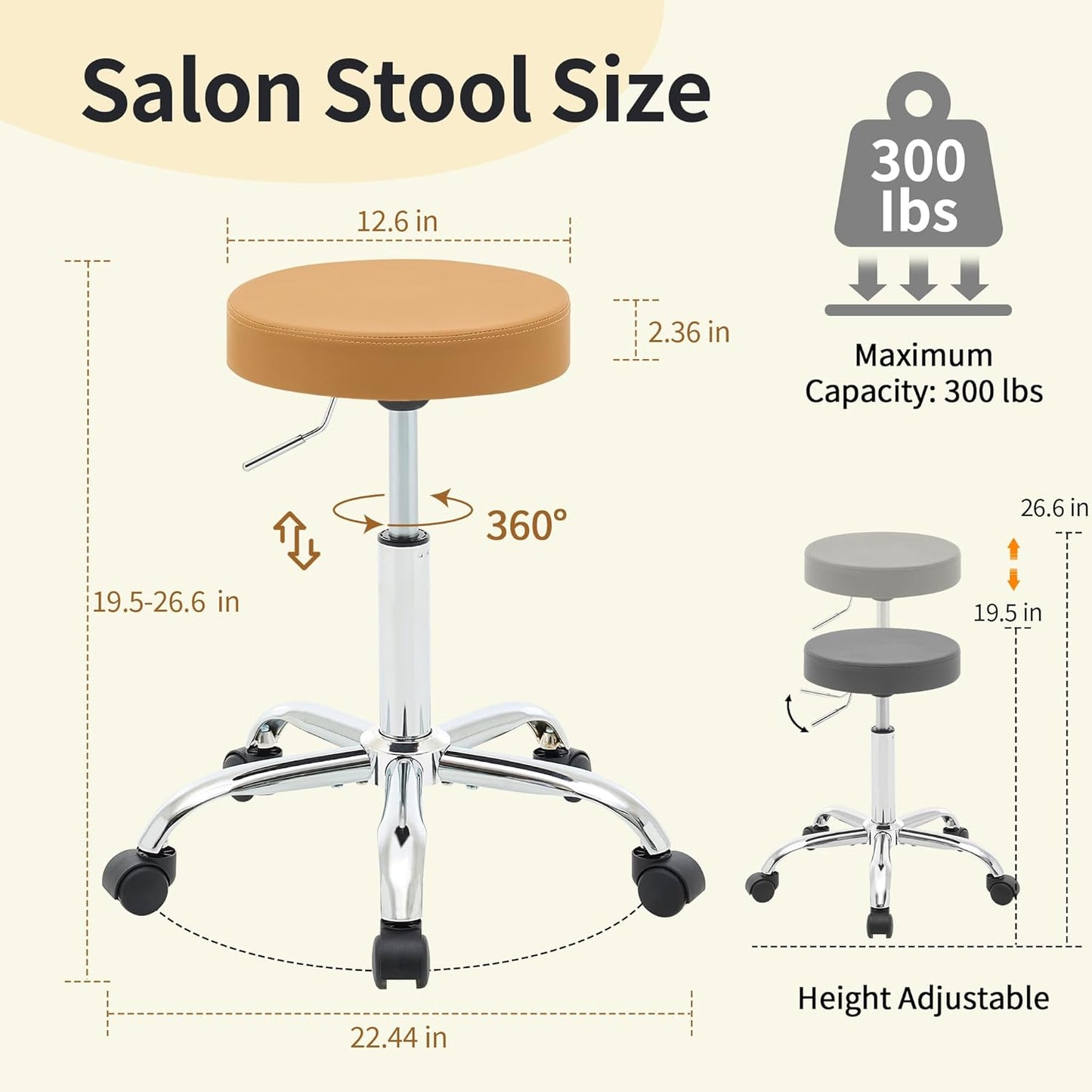 Rolling Massage Chair, Adjustable Hair Cutting Stool 19.5’’-26.6’’, Camel Brown Vanity Stool with Wheels (Camel Brown)