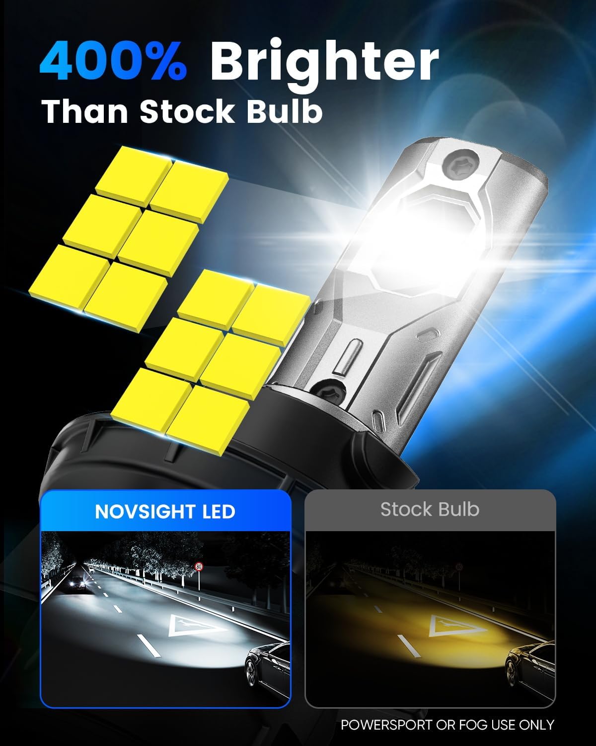 NOVSIGHT 9005 9006 Fog Bulbs - 50000LM Super Bright HB3 HB4 Fog Bulbs Combo with Cooling Fan, 3-Min Quick Installation, 6500K, Pack of 4