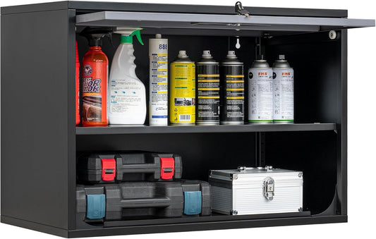 Metal Storage Cabinet Black&Gray Wall Cabinets with Shelf and Locking Door - Wall Mounted Storage Cabinet for Garage Warehouse Home Office - Assembly Required