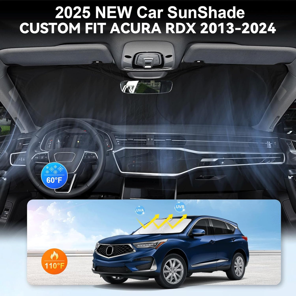 Windshield Sunshade for Acura RDX 2013 2019-2023 2024 2025 2026 210T 2-Layer Front Window Shades Cover for Windshield Sun Visor Screen Protector 210T Reflective Blocks UV Rays Cool Car Accessories