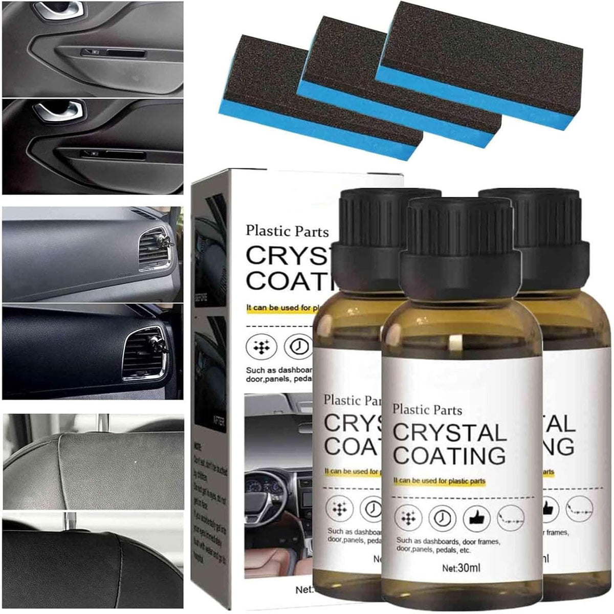 3Pcs Crystal Coating for Car, Plastic Parts Crystal Coating, Cristal para PláStico Del Carro for Car, Great Gloss Protection, Long Duration Refurbish Agent with Spong