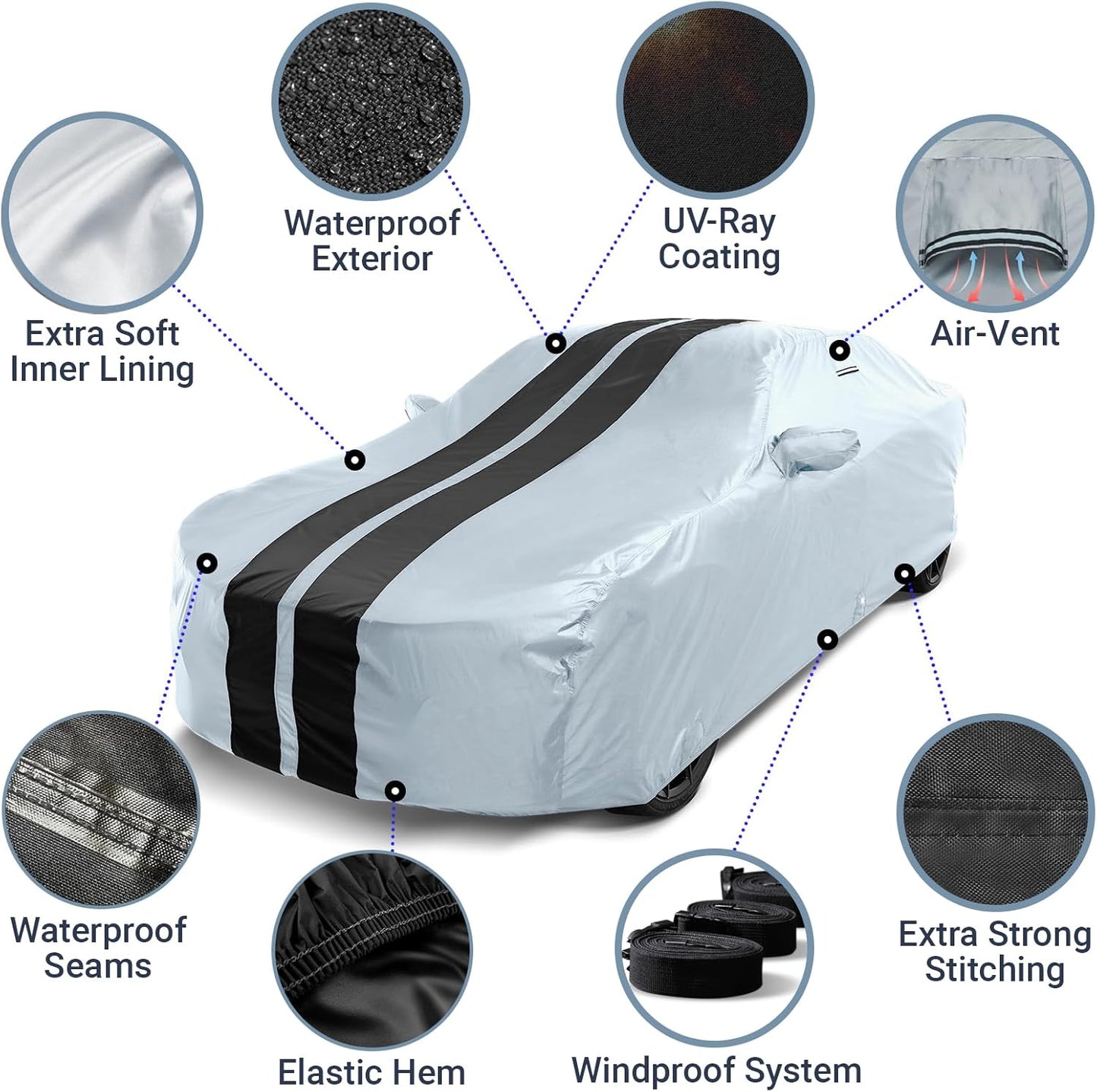 iCarCover Custom Car Cover for Pontiac Tempest (1987-1991) Waterproof All-Weather Rain Snow UV Sun Protector Full Exterior Indoor Outdoor Car Cover (Stripe - Gray/Black)