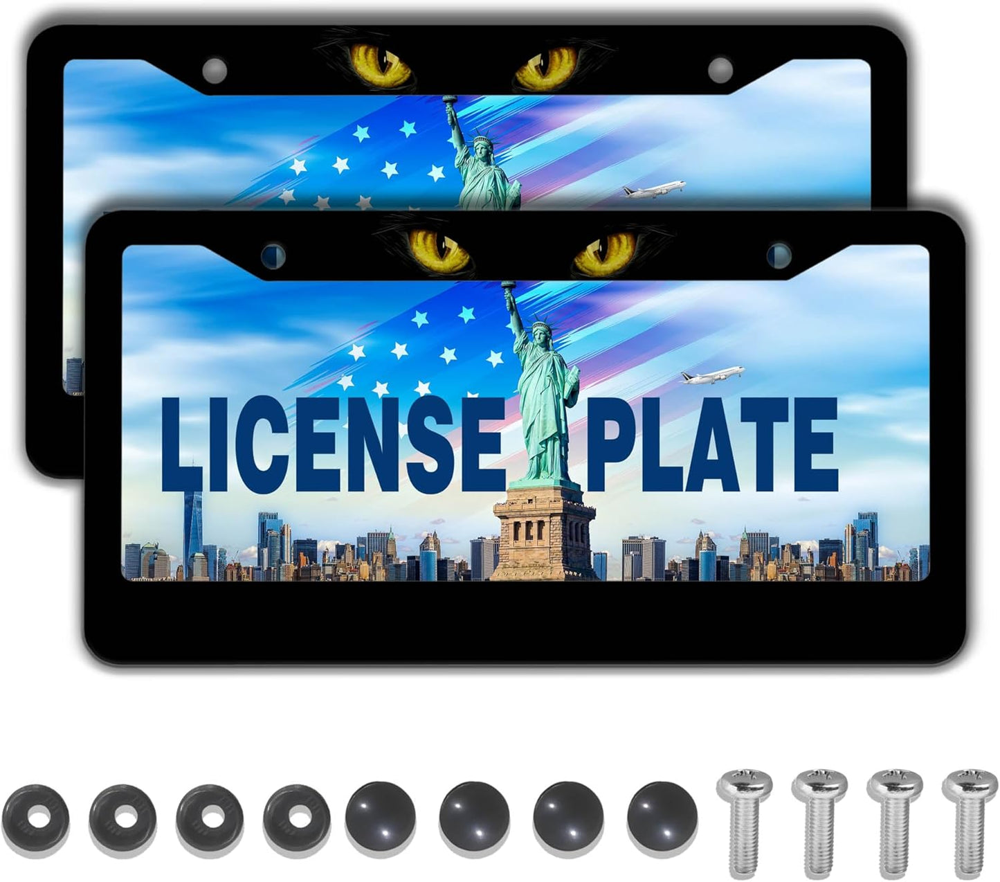 Car Plate Frame Black License Plate Frames Black Cat with Yellow Eyes Lover Universal Aluminum Car Accessory 2 Pack with Screw Covers Set