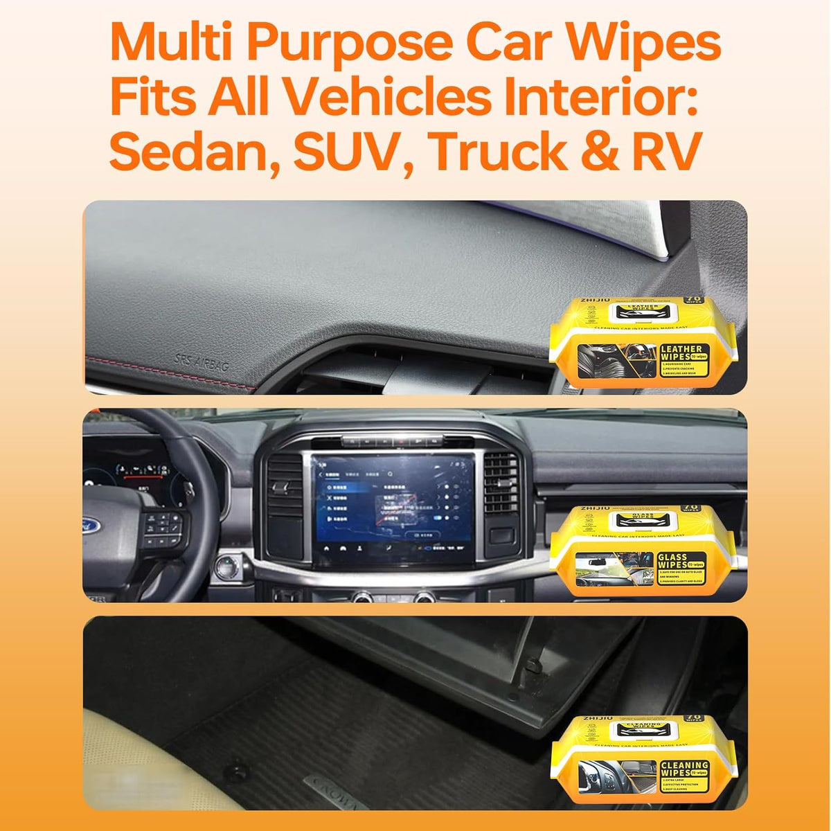 Car Wipes Extra Large 8" x 8" Car Interior Cleaning Wipes Leather Wipes For Car Car Glass Wipes Cleaning Wipes Interior Cleaning For Cars Trucks Jeeps And More 70 Count Each (3 Packs)