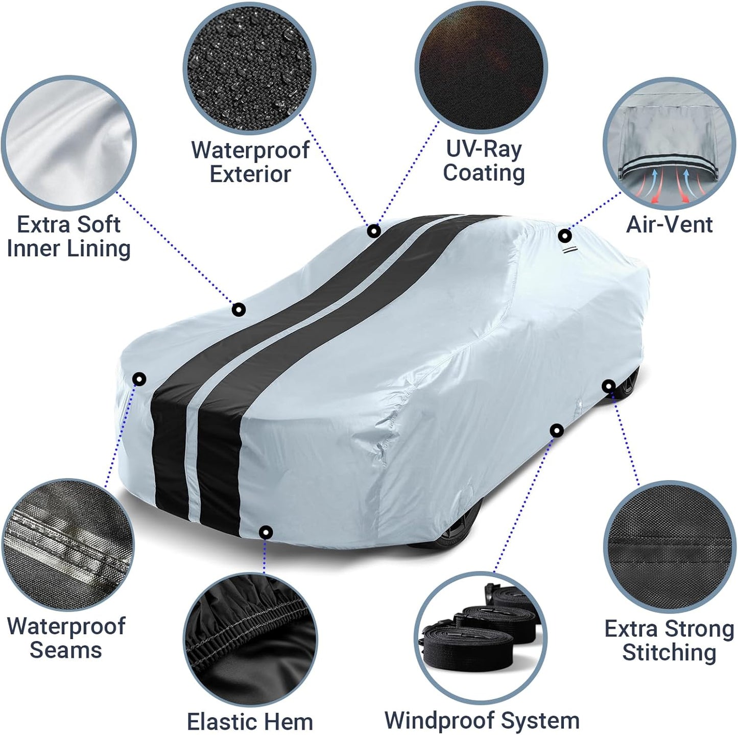 iCarCover Custom Car Cover for Pontiac Grand Prix (1973-1977) Waterproof All-Weather Rain Snow UV Sun Protector Full Exterior Indoor Outdoor Car Cover (Stripe - Gray/Black)