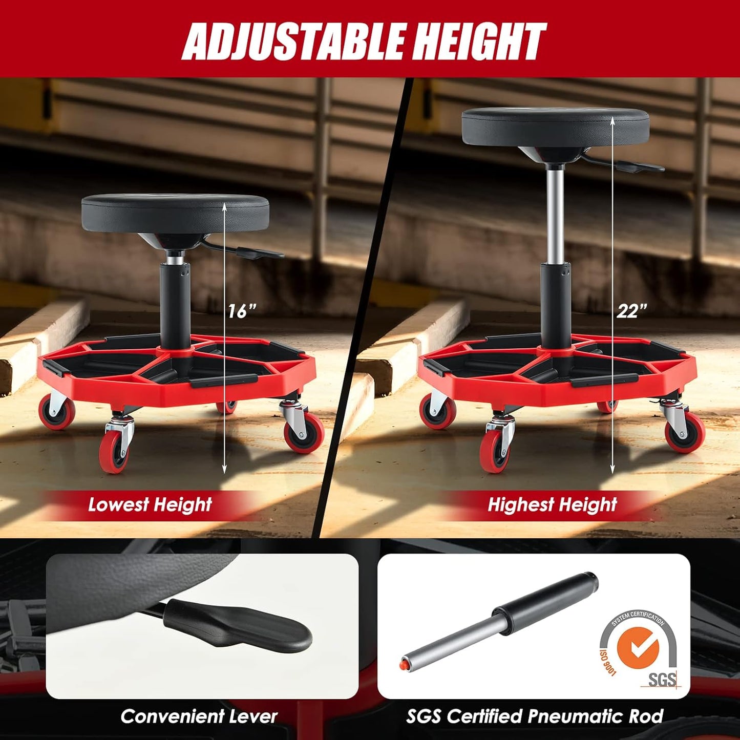 Goplus Garage Stool, 16”-22” Adjustable Rolling Mechanic Stool with Universal Wheels, Removable Magnetic Tool Tray, 2” Thick Padded Cushion, 330LBS Capacity, Roller Creeper Seat, Shop Chair