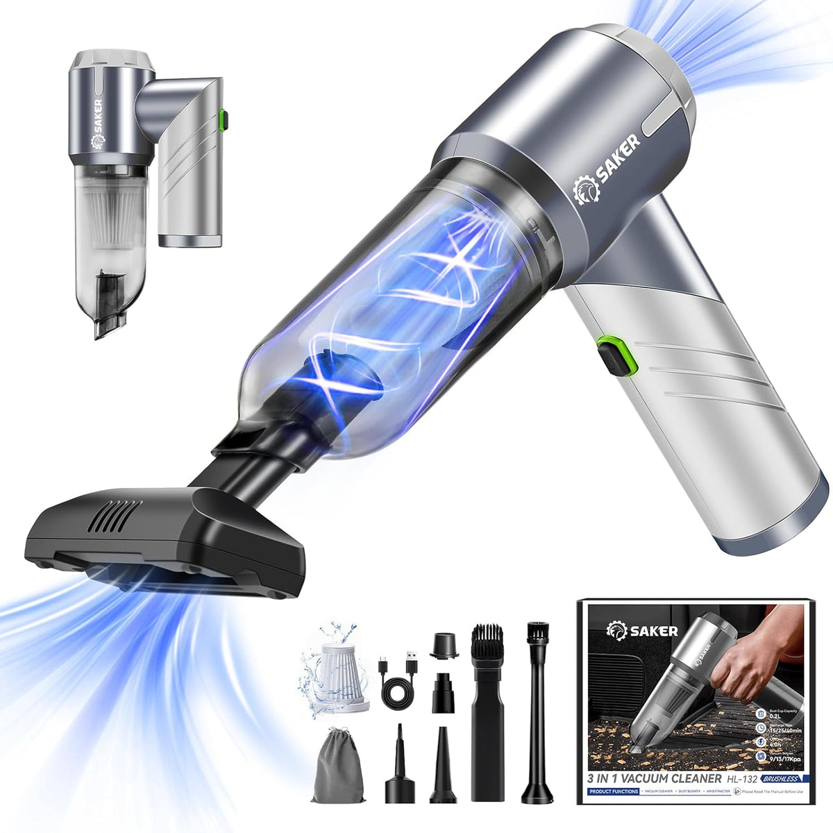 Saker Car Vacuum Cleaner 17000PA Foldable 3 in 1 Mini Handheld Car Vacuum Portable Cordless with Brushless Motor for Hair,Cars,Bedrooms,Offices Cleaning HL132 Silver