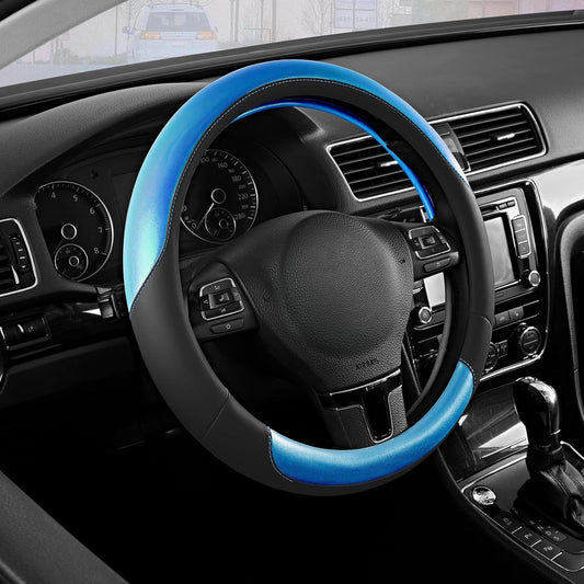 Road Comforts Steering Wheel Cover – Breathable Leather Steering Wheel Cover, Anti-Slip Grip, Universal Fit 14.5” to 15”, Heat & Cold Resistant for Cars, SUVs, and Trucks – Black & Dark Blue