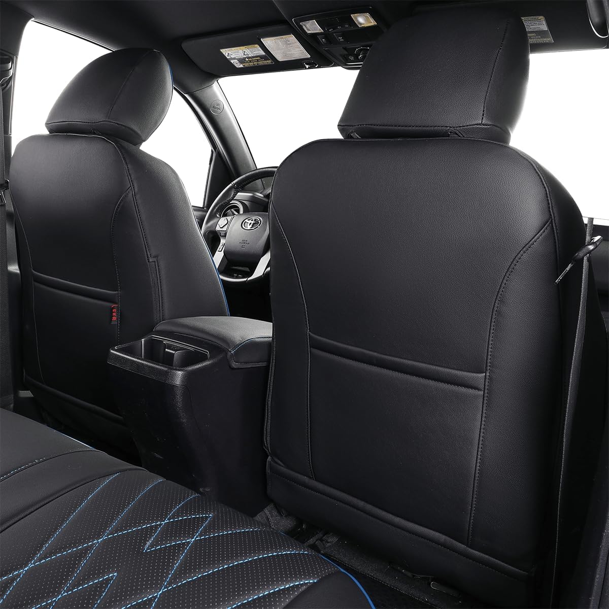 EKR Custom Fit Tacoma Front Car Seat Covers for Select Toyota Tacoma 2016 2017 2018 2019 2020 2021 2022 2023 Double Cab/Access Cab - Front Row Only, Leather (Black with Blue Trim)