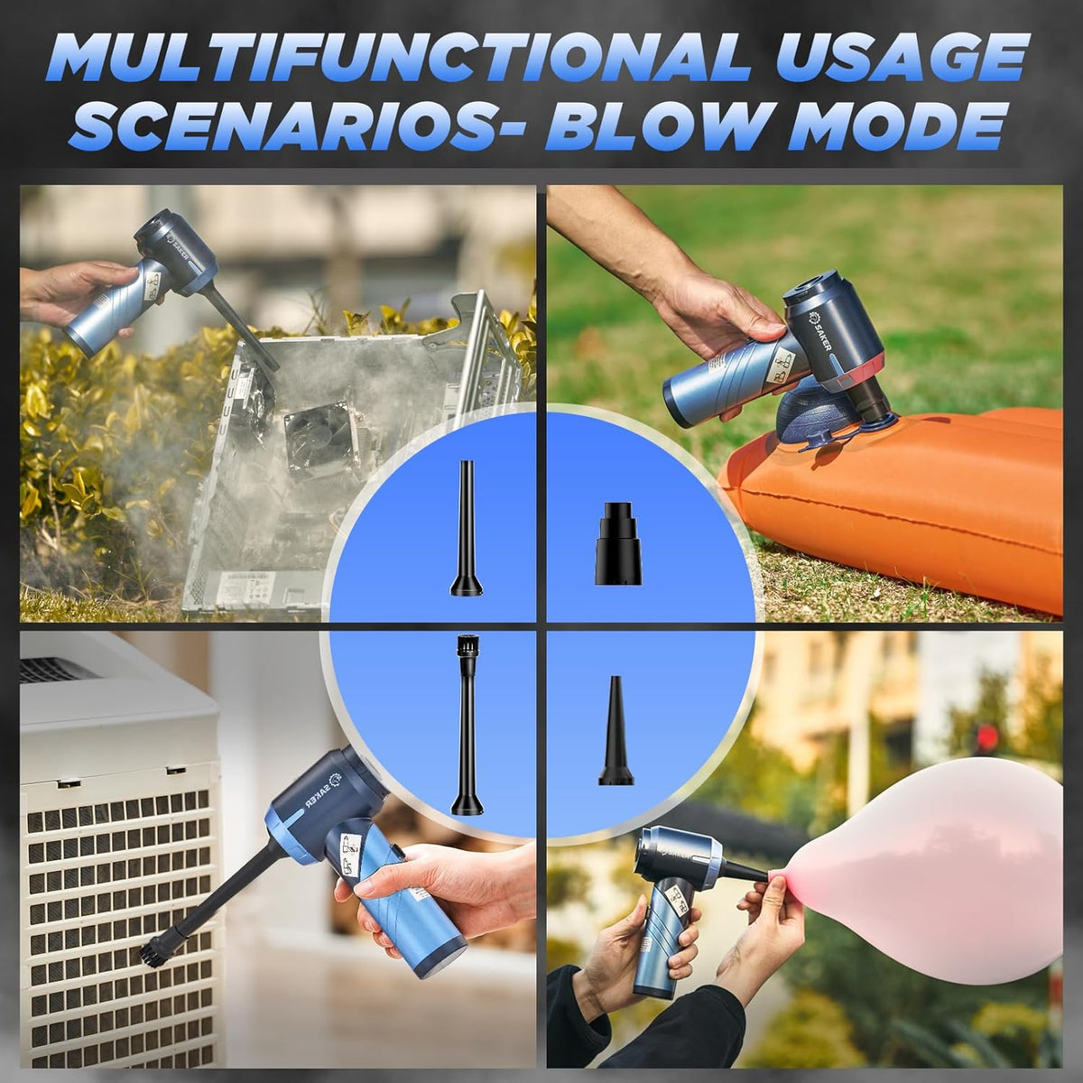 Saker Portable Car Vacuum Cleaner Cordless High Power 17000PA 3 in 1 Foldable Handheld Vacuum Cordless with Brushless Motor for Inflation,Dust Blowing,Home Car Cleaning HL132 Blue