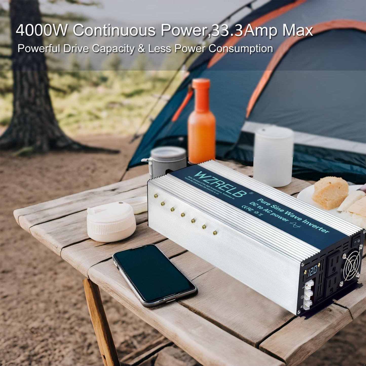 WZRELB 4000W Pure Sine Wave Inverter, Car Power Inverter 36V DC to 110V 120V AC Converter for RV, Truck, Solar, Outdoor with Dual AC Outlets, Hardwire Port, Surge 8000W, LED Display,Off-Grid