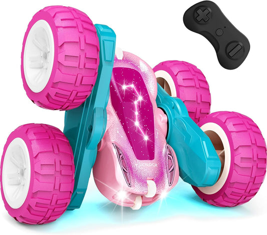 Tecnock Pink Remote Control Car for Girls and Boys, 2.4GHz RC Cars with USB-C Easy Charging, 4WD Double Sided 360° Rotates and Flips RC Stunt Car, Toys Gift for Kids