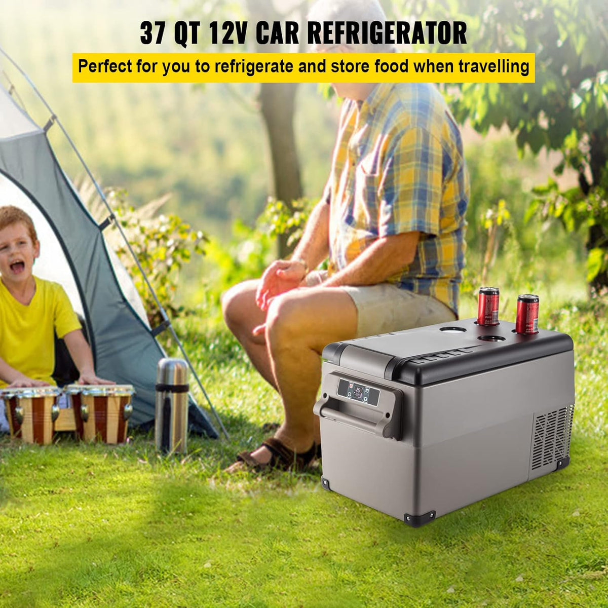 VEVOR CF35 Portable 37 Quart(35 Liter) 12 Volt App Control(-4℉~68℉), Car Refrigerator Dual Zone with 12/24v DC & 110-240v AC for Camping, Travel, Fishing, Outdoor or Home Use, Black+Gray