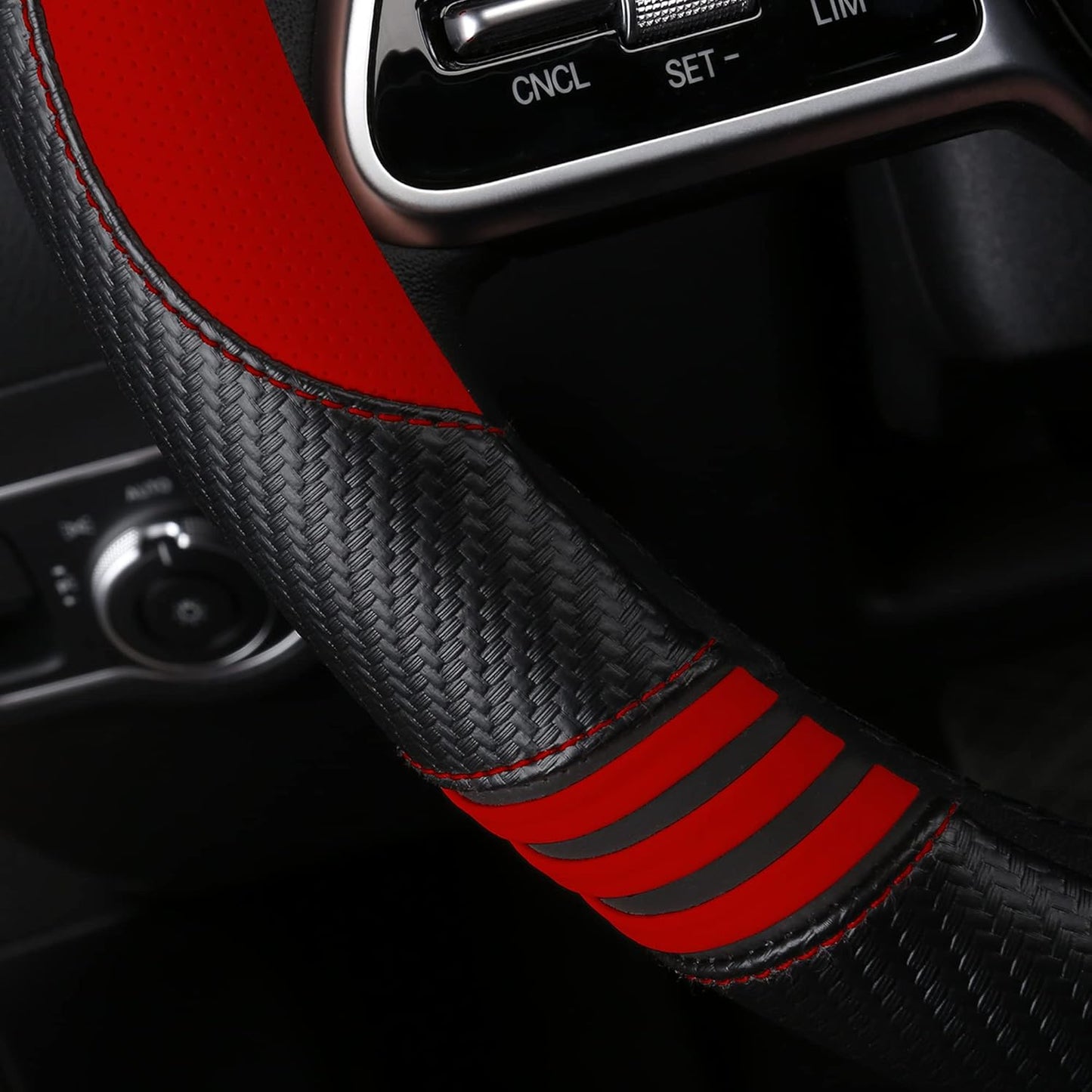 Car Steering Wheel Covers for Women Girl Padded Carbon Fiber PU Leather Cute Cartoon Auto Interior Accessories for Jeep, Truck, Universal, Anti Slip, Red, Large Size 15.5-16"(39-41cm)