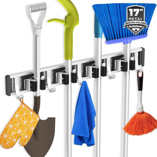 Broom Holder Wall Mount Mop and Broom Hanger Wall Mounted Garage Storage Rack Kitchen Garden Tool Organizer (4 Racks with 5 Hooks, Black)
