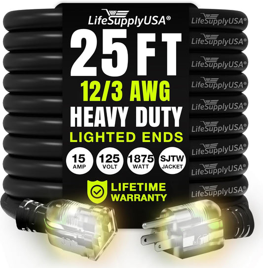 25ft Outdoor/Indoor Extension Cord 12/3 Gauge Extra Heavy Duty 3 Prong SJTW, Waterproof, Flexible Cold-Resistant Long Power Cord,15A 125V 1875W, Black by LifeSupplyUSA