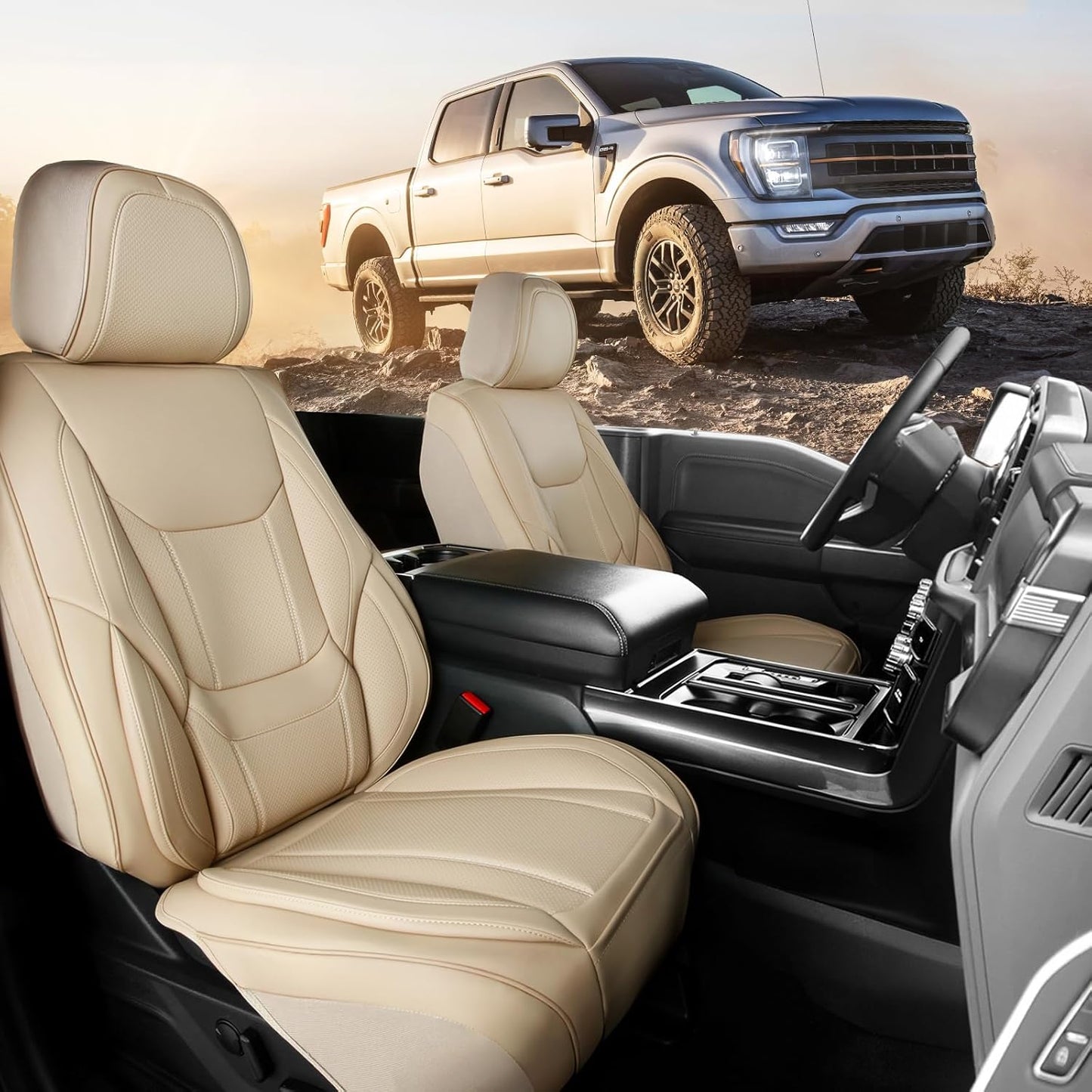 Coverland Custom Car Seat Covers Compatible with 2017-2025 Ridgeline Crew Cab - Premium Leather Non-Slip Memory Foam Waterproof Cover Interior Protector Front Seat-Beige [See Size Chart-Size A22]