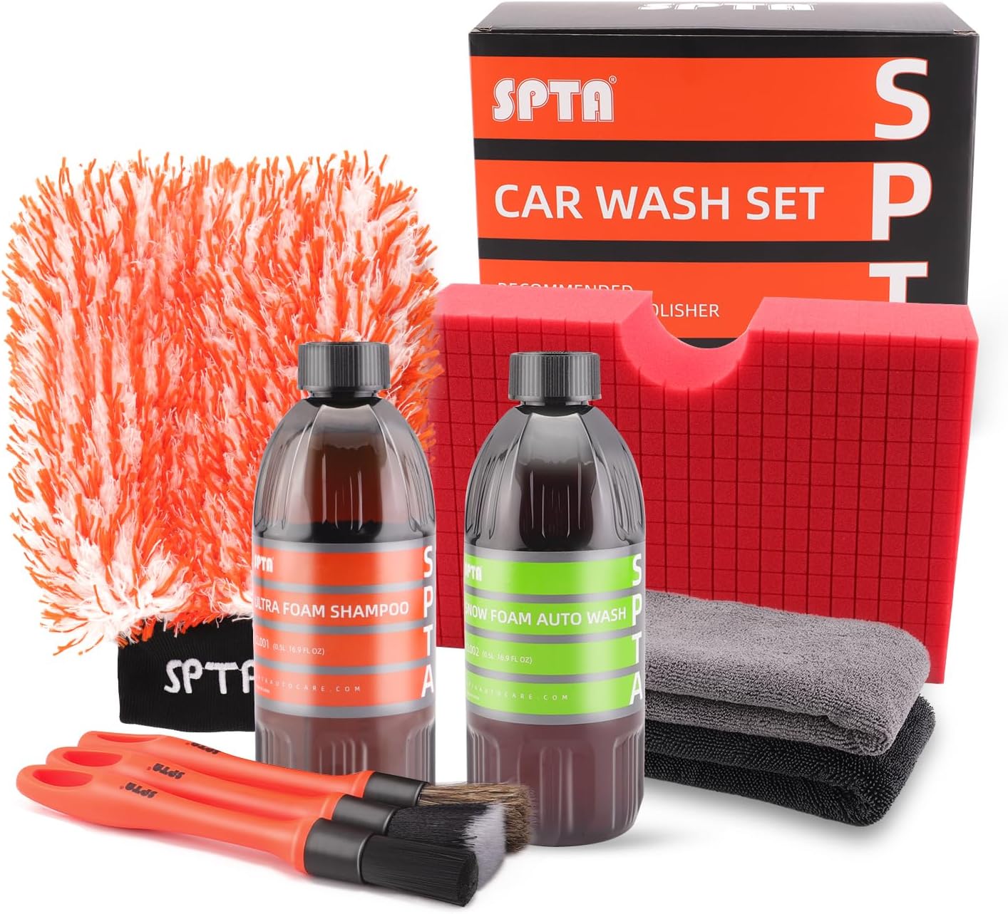 SPTA Car Wash Kit, Clean & Car Wash Kit (9 Items, Including 2-16oz. Car Wash Shampoo, 1Pc Microfiber Mitts,1Pc Red Car Wash Sponge, 2Pcs 16"x16" Microfiber Detail Towels and 3Pcs Car Detail Brush