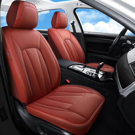 Red Car Seat Covers,Leather Car Seat Covers 2 Front Seats,Waterproof Breathable Full Wrapping Edge Seat Covers, Luxury Automotive Seat Protecor Covers for Most Cars