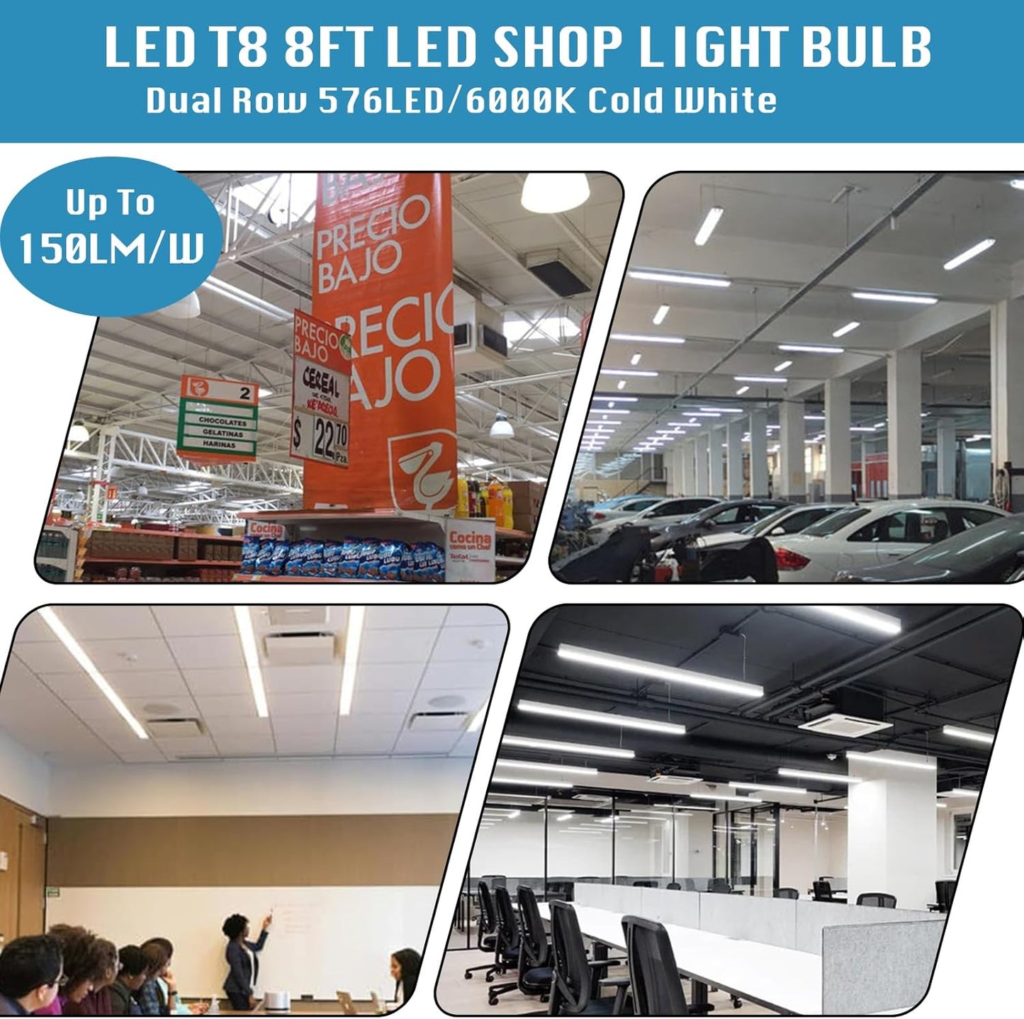 12-Pack, 8 Foot LED Bulbs, 100W 15000lm 6000K Cold White, Super Bright, T8 T10 T12 LED Tube Lights, FA8 Single Pin LED Lights, Clear Cover, 8 Foot LED Bulbs to Replace Fluorescent Light Bulbs